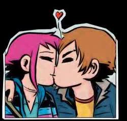 comic book style girl with purple hair kissing boy with light brown hair