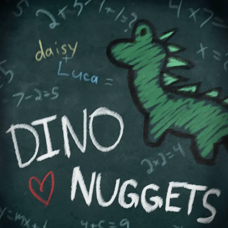 chalkboard drawing of a dinosaur and text 'dino nuggets'