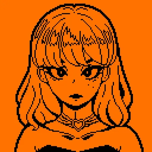 monochrome orange and black pixel art anime girl