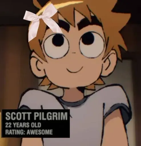 chibi anime drawing of boy with light brown hair smiling and looking upwards with text 'scott pilgrim, rating: awesome'